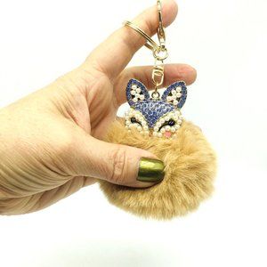 Fox Key Chain Rhinestone Fur Ball Pom Pom Key Ring Chain Bag Pendant Keyring